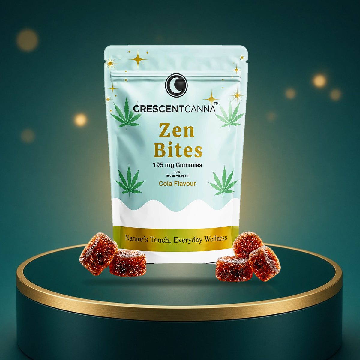 ZenBites 195mg Ayurvedic gummies, cola flavour, 10 gummies pouch by CrescentCanna - hero