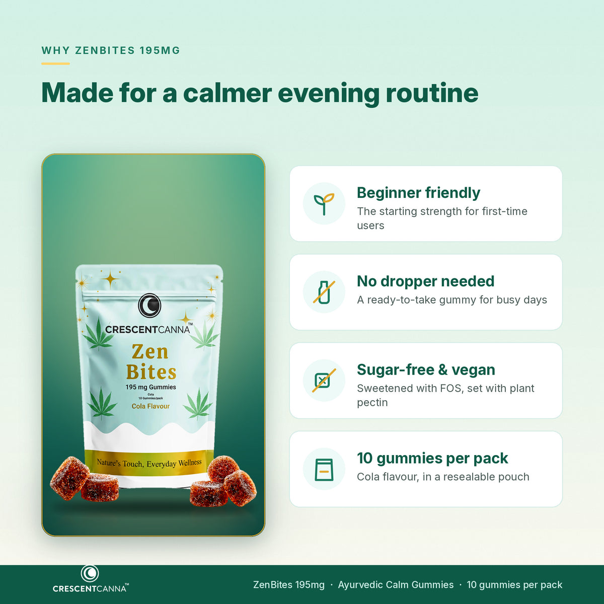 Why ZenBites 195mg - beginner friendly, no dropper needed, sugar-free and vegan, 10 gummies per pack