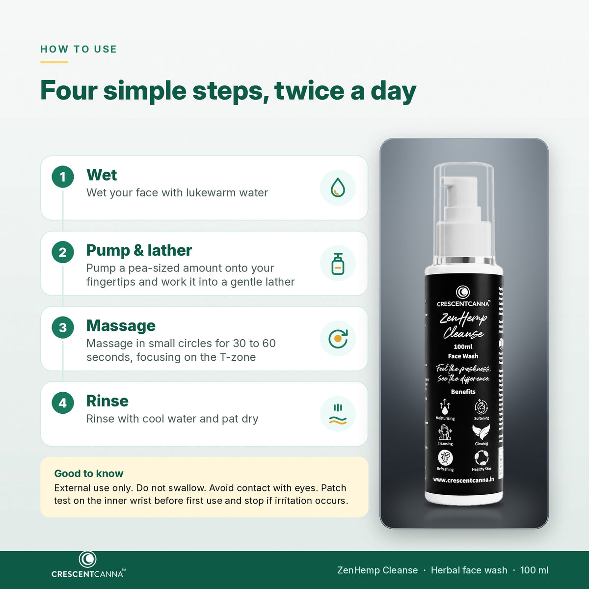 How to use ZenHemp Cleanse pump face wash - wet, lather, massage, rinse