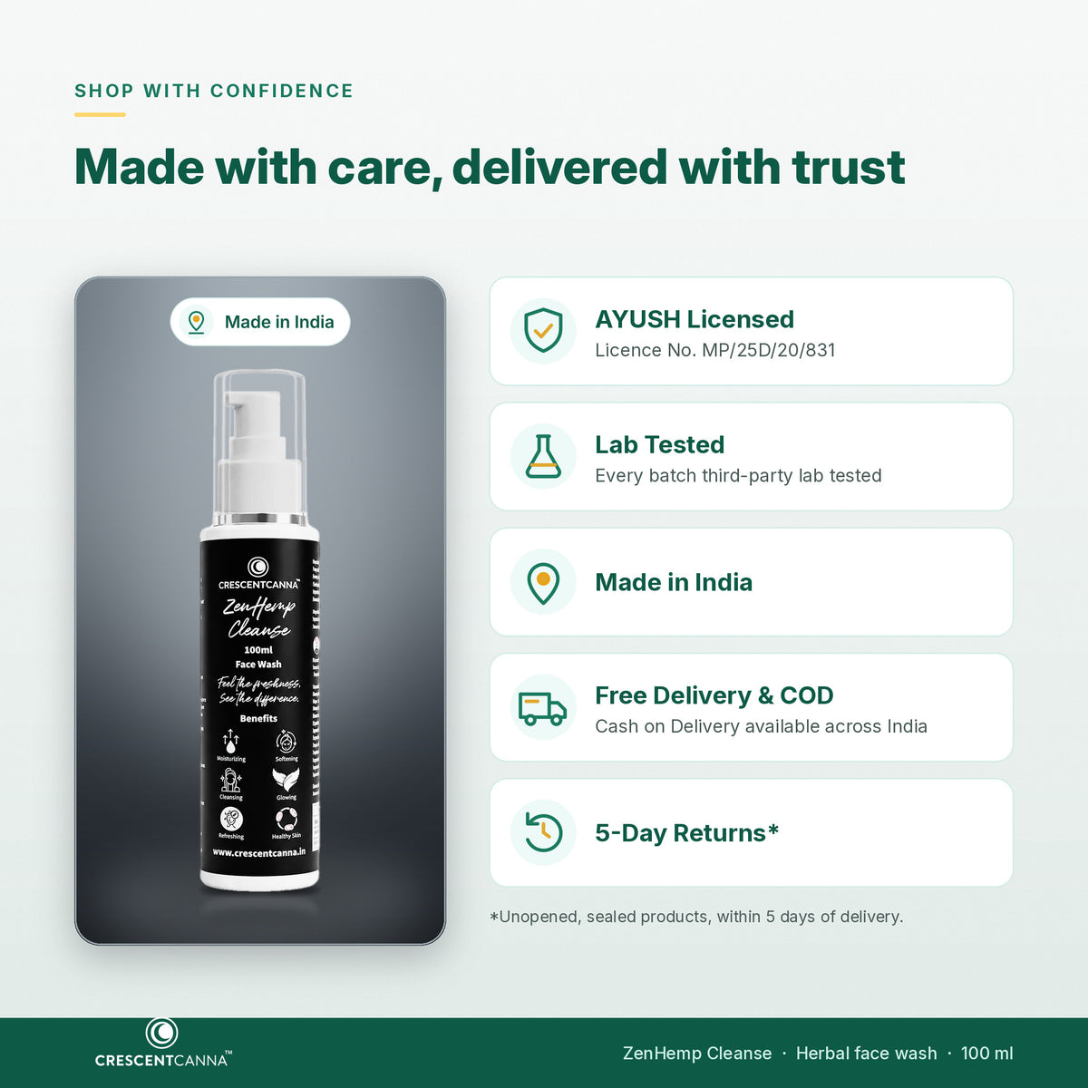 ZenHemp Cleanse pump face wash - AYUSH licensed, every batch third-party lab tested, made in India, free delivery and COD
