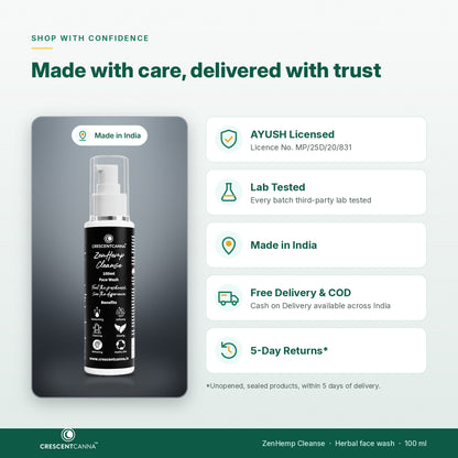 ZenHemp Cleanse pump face wash - AYUSH licensed, every batch third-party lab tested, made in India, free delivery and COD