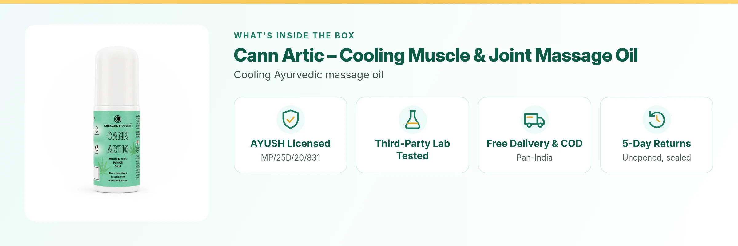 Cann Artic – Cooling Muscle & Joint Massage Oil: AYUSH licensed, third-party lab tested, free delivery and COD, 5-day returns on unopened packs