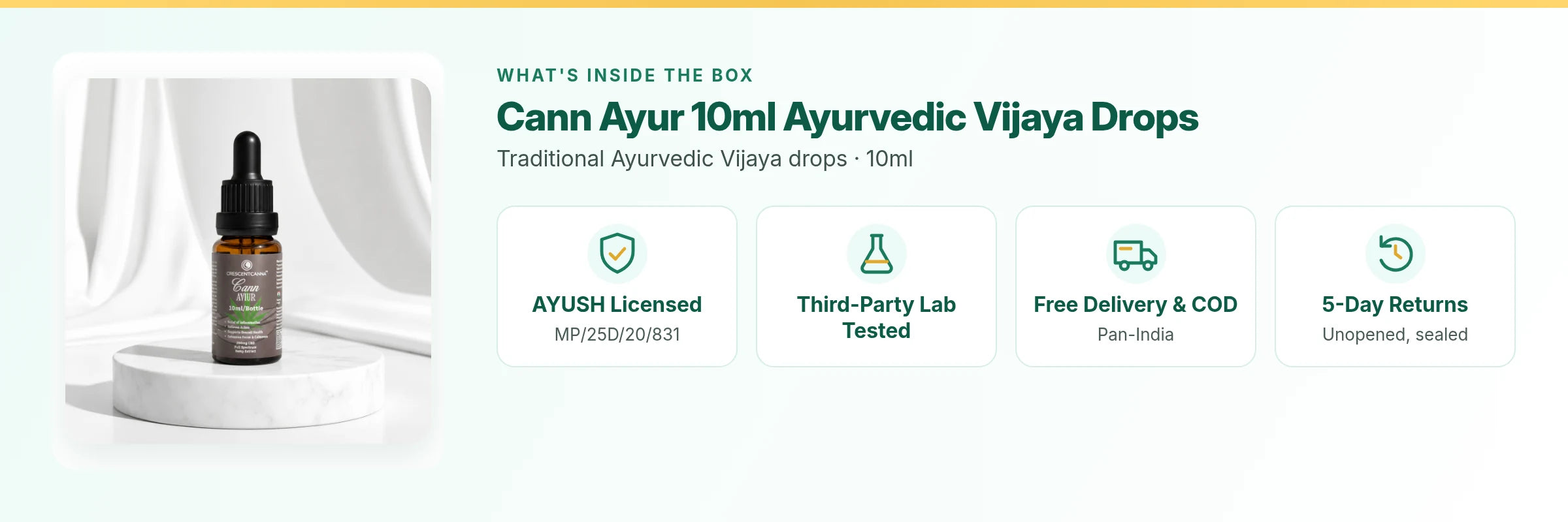 Cann Ayur 10ml Ayurvedic Vijaya Drops: AYUSH licensed, third-party lab tested, free delivery and COD, 5-day returns on unopened packs