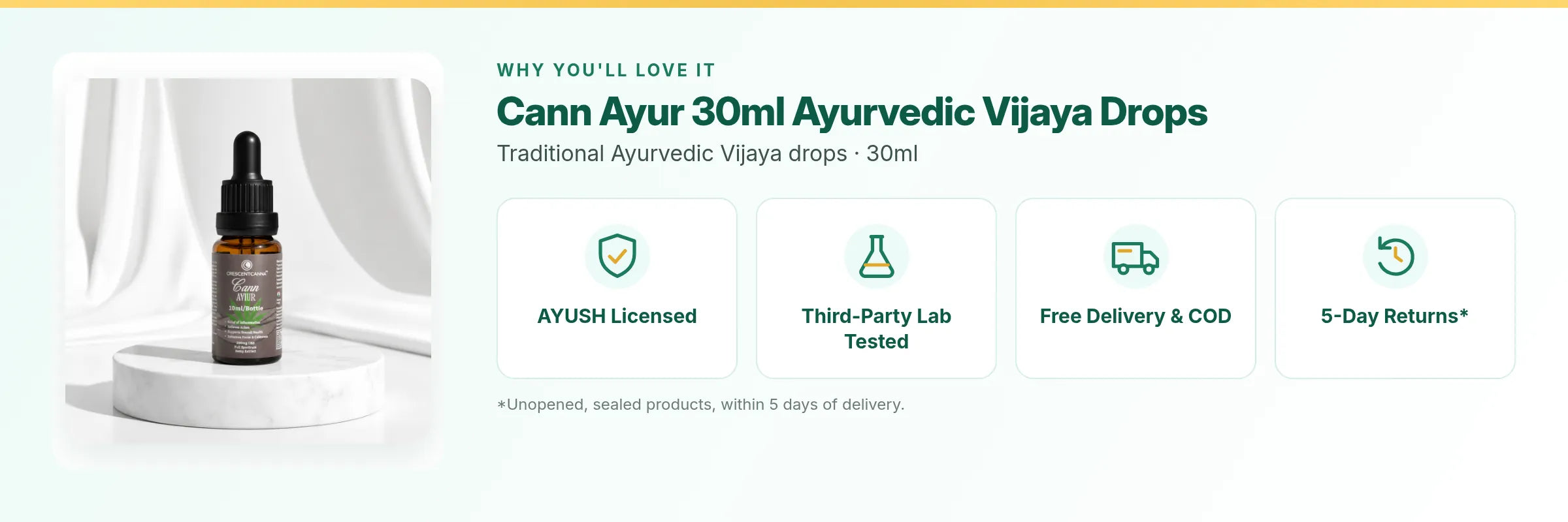 Cann Ayur 30ml Ayurvedic Vijaya Drops: AYUSH licensed, third-party lab tested, free delivery and COD, 5-day returns on unopened packs