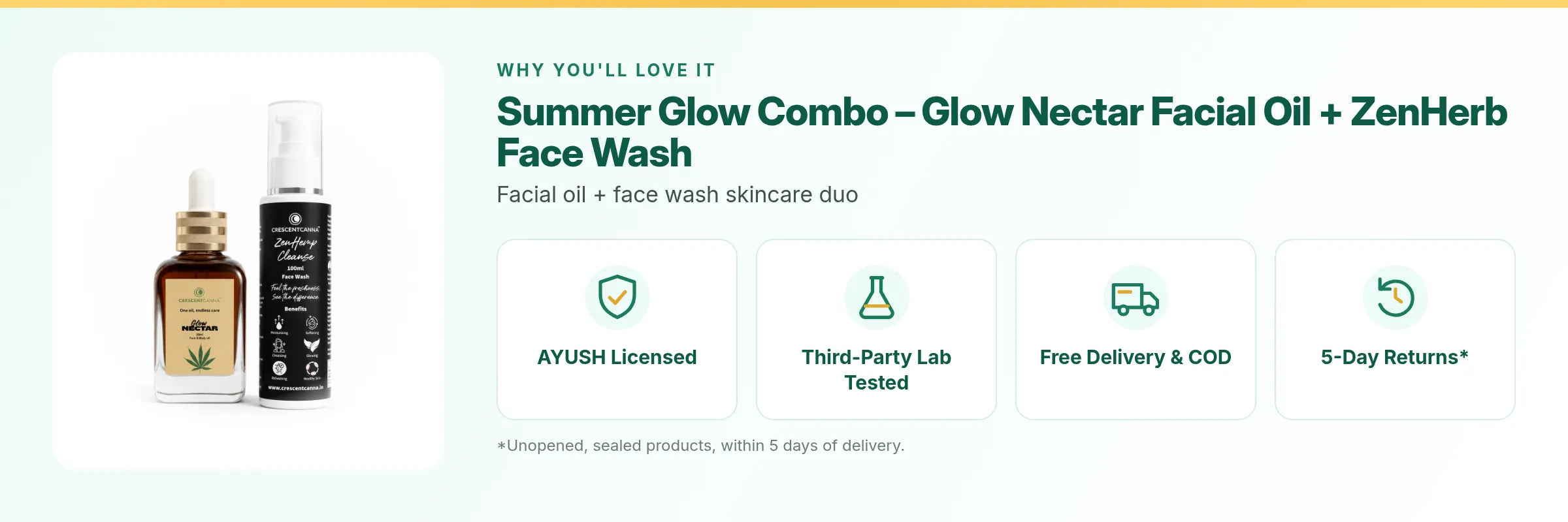 Summer Glow Combo – Glow Nectar Facial Oil + ZenHerb Face Wash: AYUSH licensed, third-party lab tested, free delivery and COD, 5-day returns on unopened packs