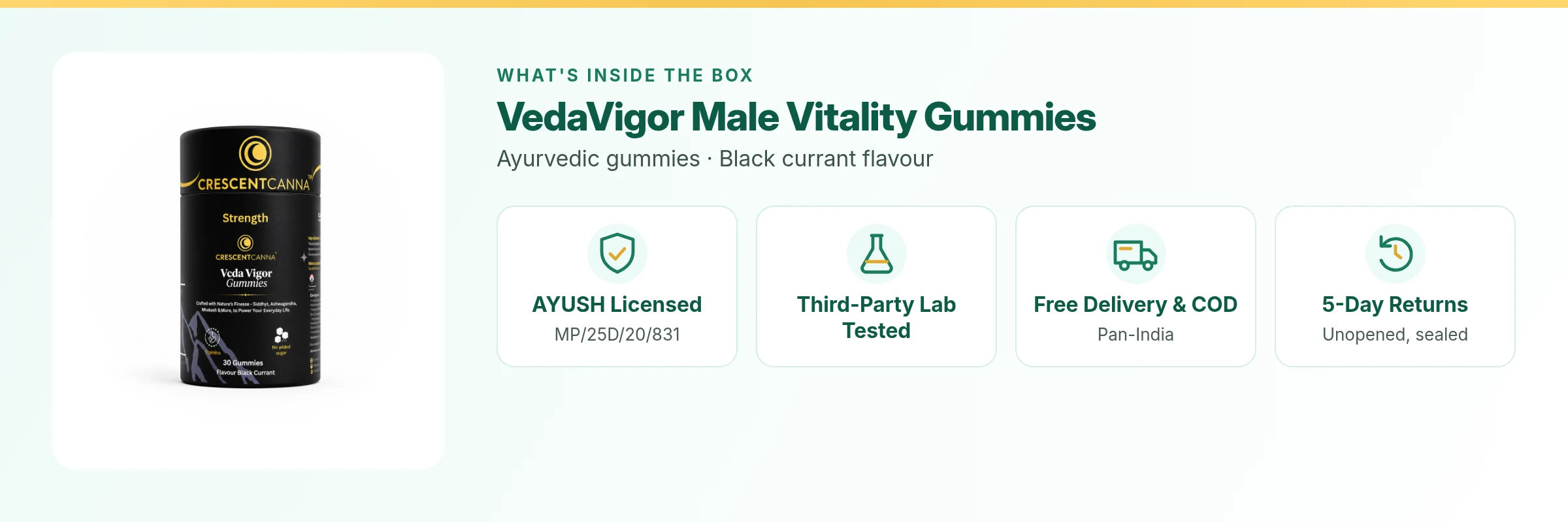 VedaVigor Male Vitality Gummies: AYUSH licensed, third-party lab tested, free delivery and COD, 5-day returns on unopened packs