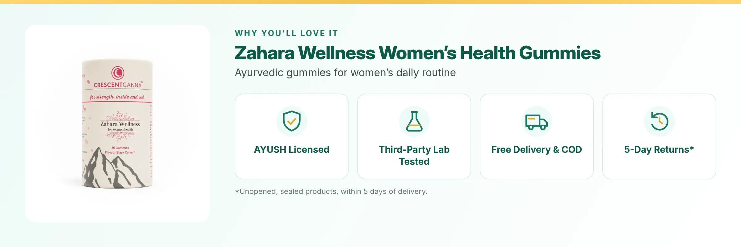 Zahara Wellness Women’s Health Gummies: AYUSH licensed, third-party lab tested, free delivery and COD, 5-day returns on unopened packs