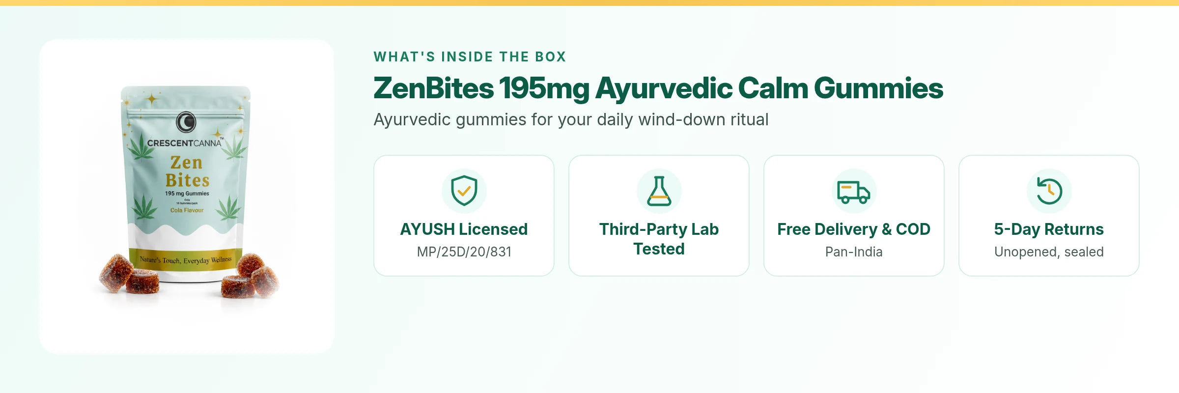 ZenBites 195mg Ayurvedic Calm Gummies: AYUSH licensed, third-party lab tested, free delivery and COD, 5-day returns on unopened packs