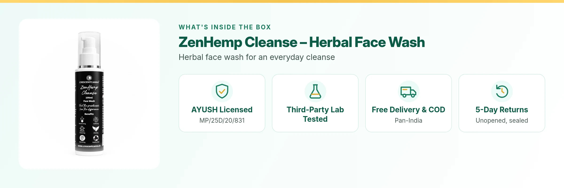ZenHemp Cleanse – Herbal Face Wash: AYUSH licensed, third-party lab tested, free delivery and COD, 5-day returns on unopened packs