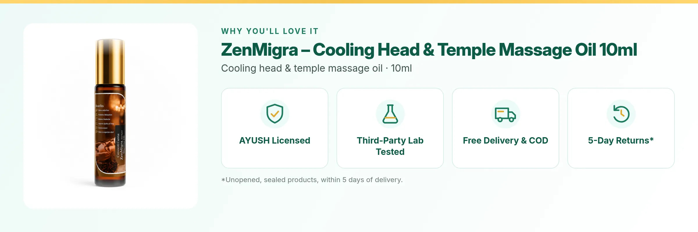 ZenMigra – Cooling Head & Temple Massage Oil 10ml: AYUSH licensed, third-party lab tested, free delivery and COD, 5-day returns on unopened packs